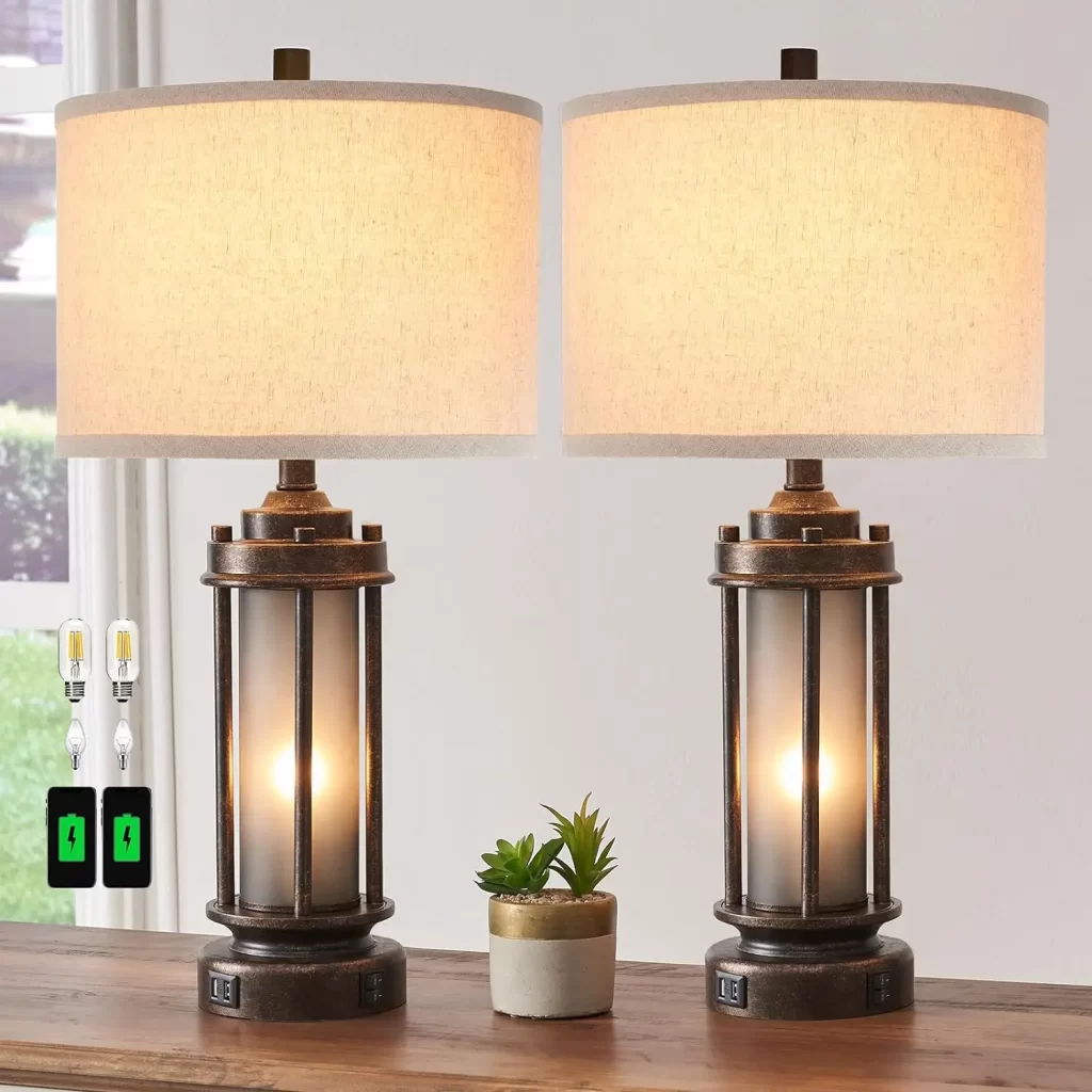 Pair of rustic farmhouse table lamps for long narrow living room