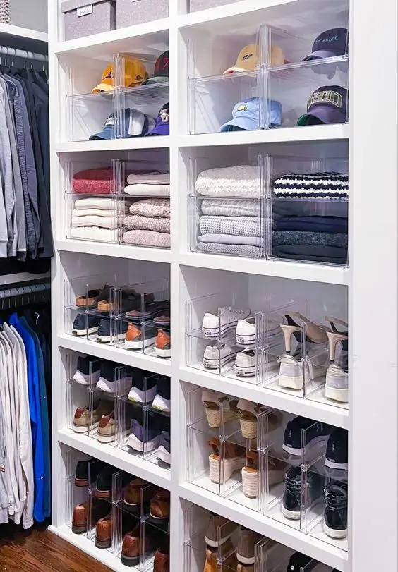 Walk-in closet with space-saving shoe storage