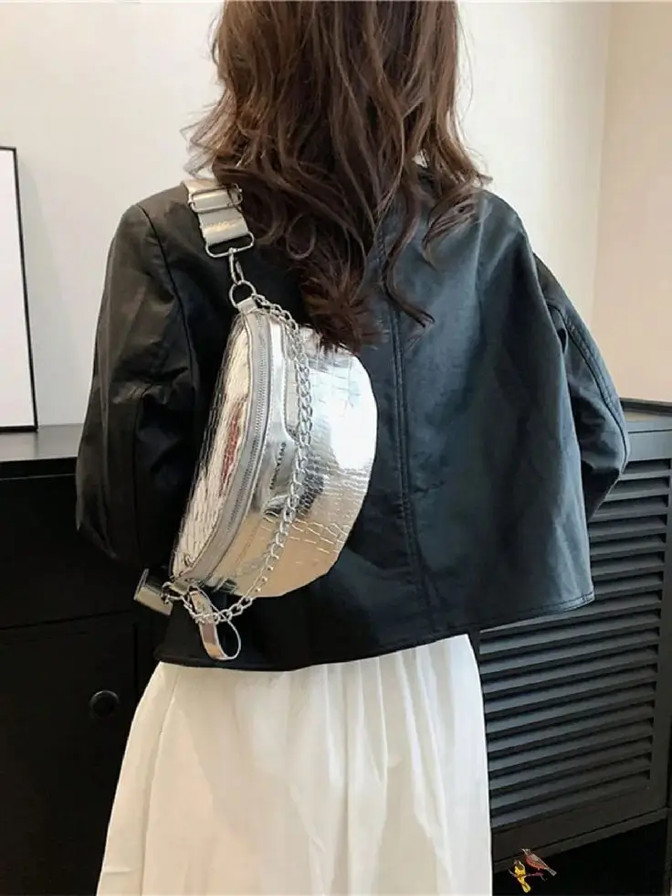 Silver fanny pack on neutral outfit