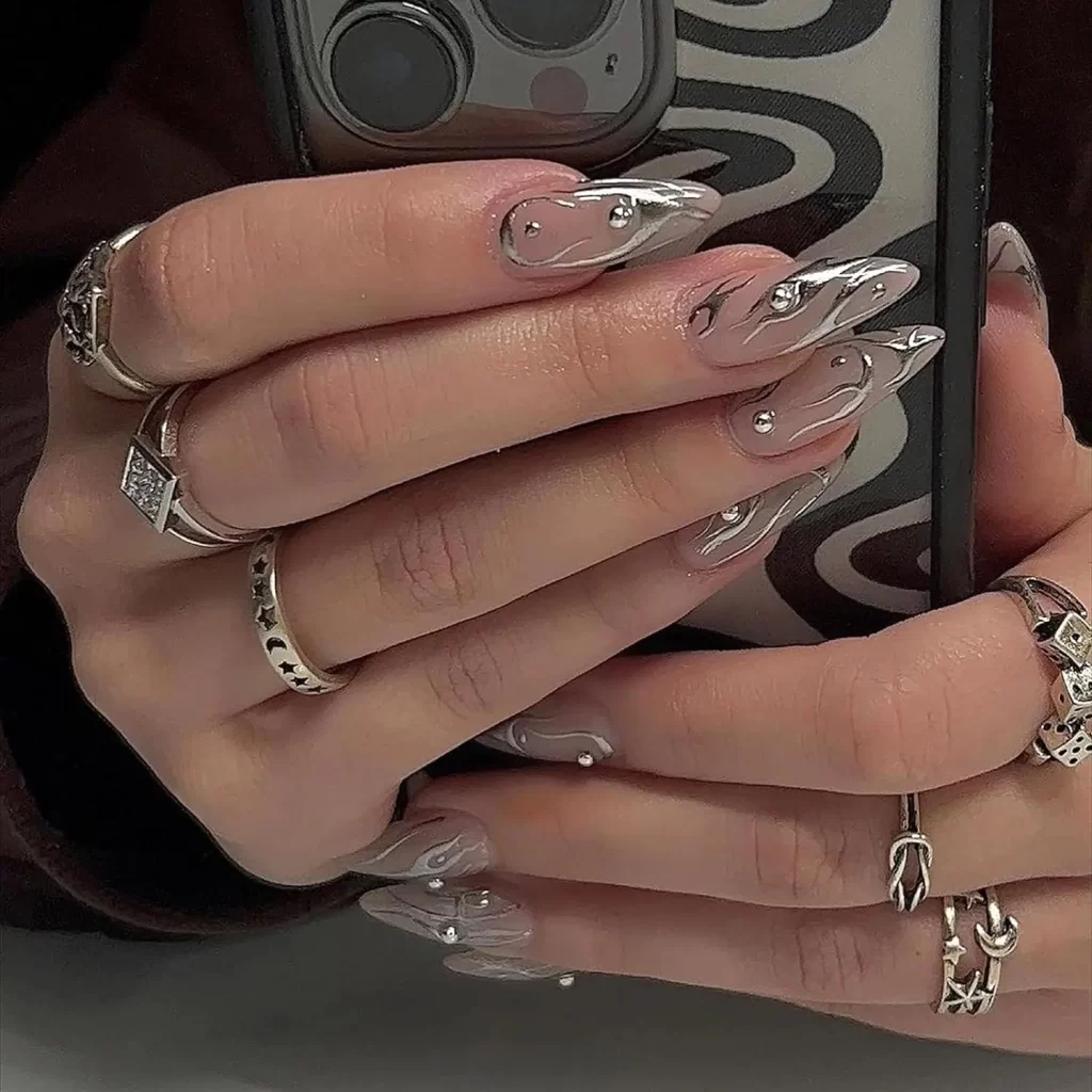 Y2K silver fire swirls press on nails