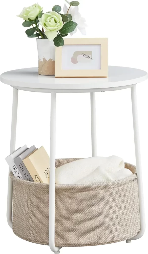 Small side table with storage for reading nook in long narrow living room dining room combo