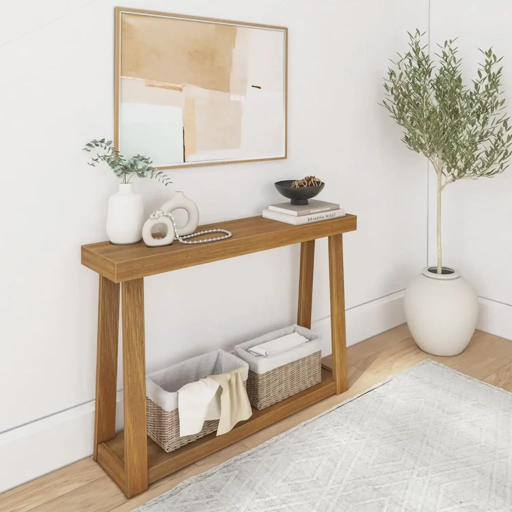 Modern farmhouse slim console table for behind sofa in a narrow living room