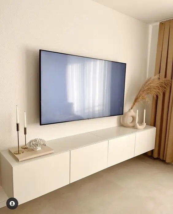 Wall mounted tv with white high gloss tv stand perfect for long narrow living room