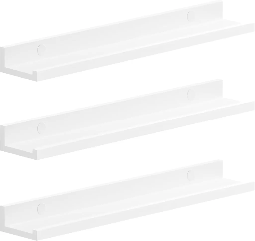 White floating wall shelves for long narrow living room dining room