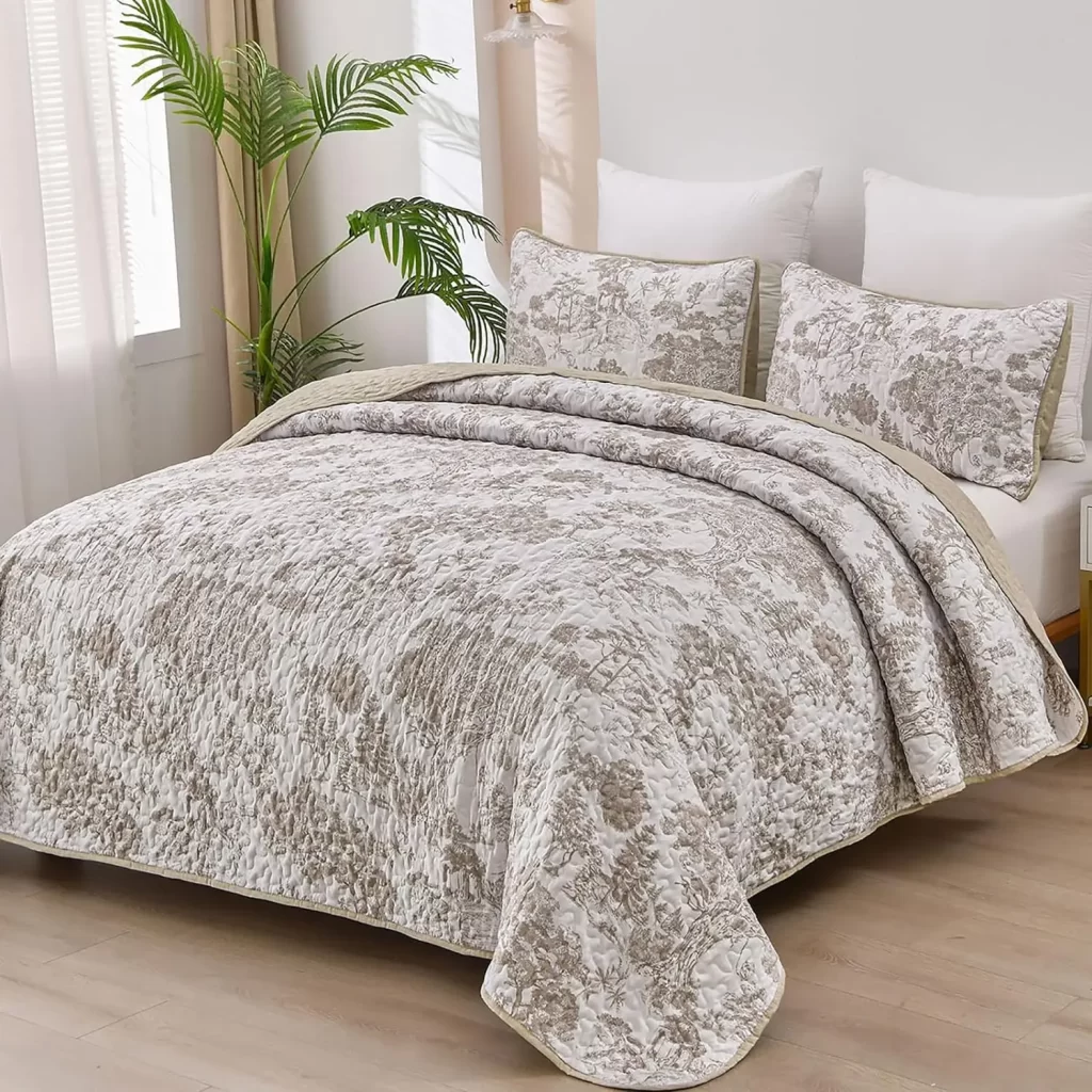 Grey floral quilt set for decorating a womans bedroom