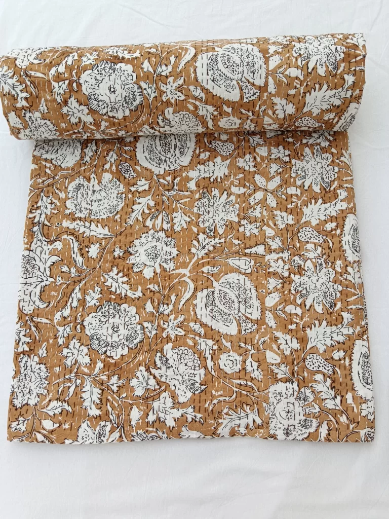 Tan kantha quilt for womens bedroom