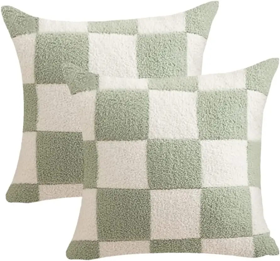 Fuzzy green and neutral checkerboard throw pillows for dorm room