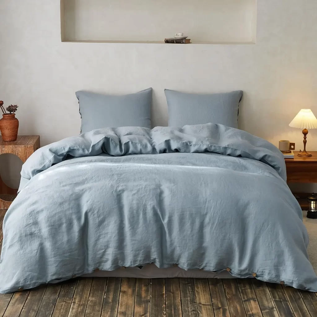 Dusty blue linen duvet set for women's bedroom