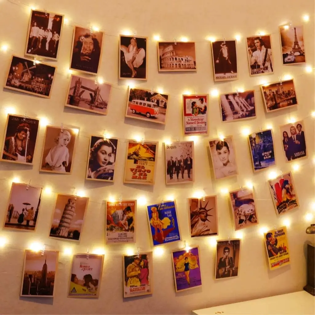 Fairy lights with photo clips for dorm room