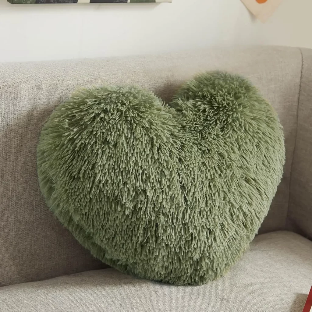 Green shag heart pillow for dorm room