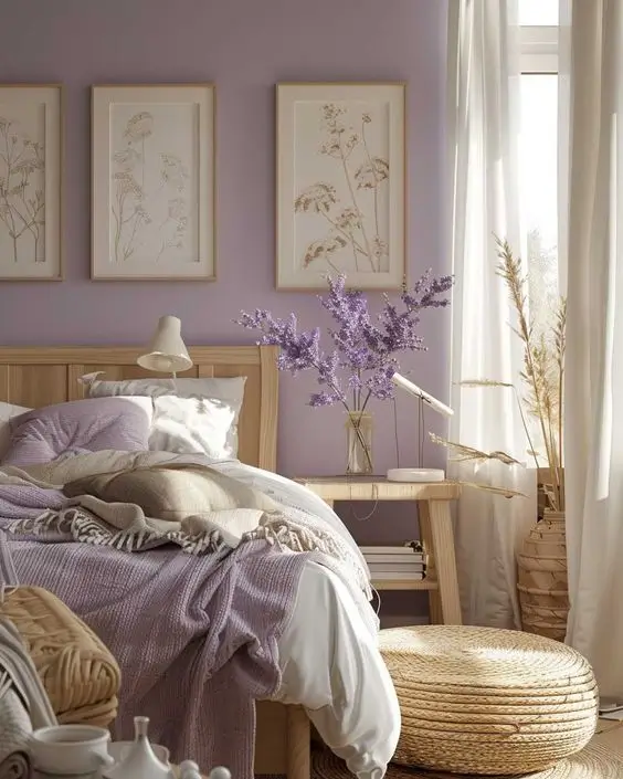 Lilac white and oatmeal color theme bedroom