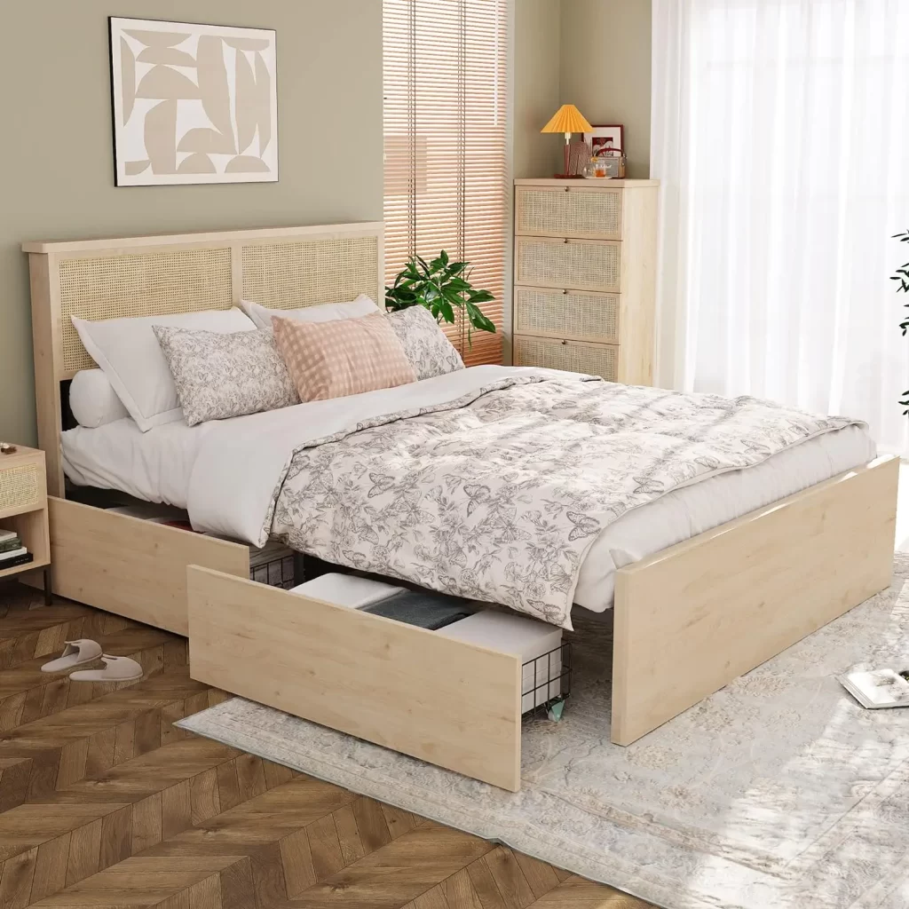 Wooden rattan bedframe with drawers for womens bedroom