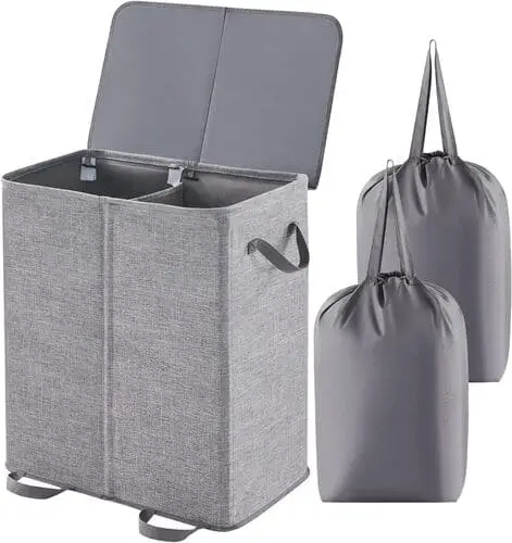 Double laundry hamper with removeable laundry bags so you can easily bring your laundry to the laundry room on your floor