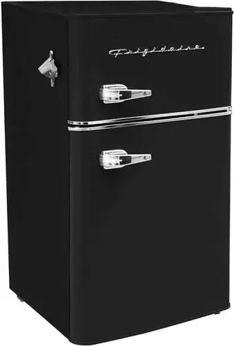 Frigidaire retro look fridge freezer combo is a stylish choice for a dorm mini fridge, plus has a bottle opener on the side