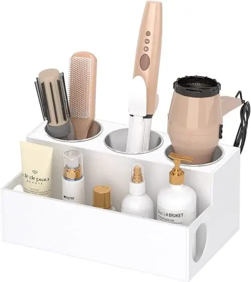 Hair tool organizer keeps your hot tools neatly put away with an area for hair serums and styling products