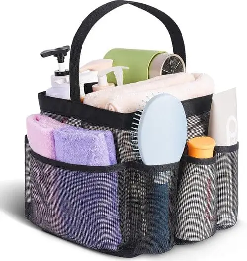 Mesh shower caddy keeps all of your bathroom toiletries together so you don't have your arms full when youre walking to the showers