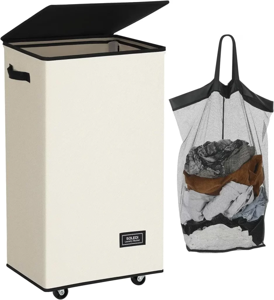 Neutral laundry hamper with wheels makes it easier to transport your laundry to the laundry room in your dorm