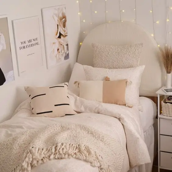 Neutral throw pillows for dorm room add a cozy chic feel to the space