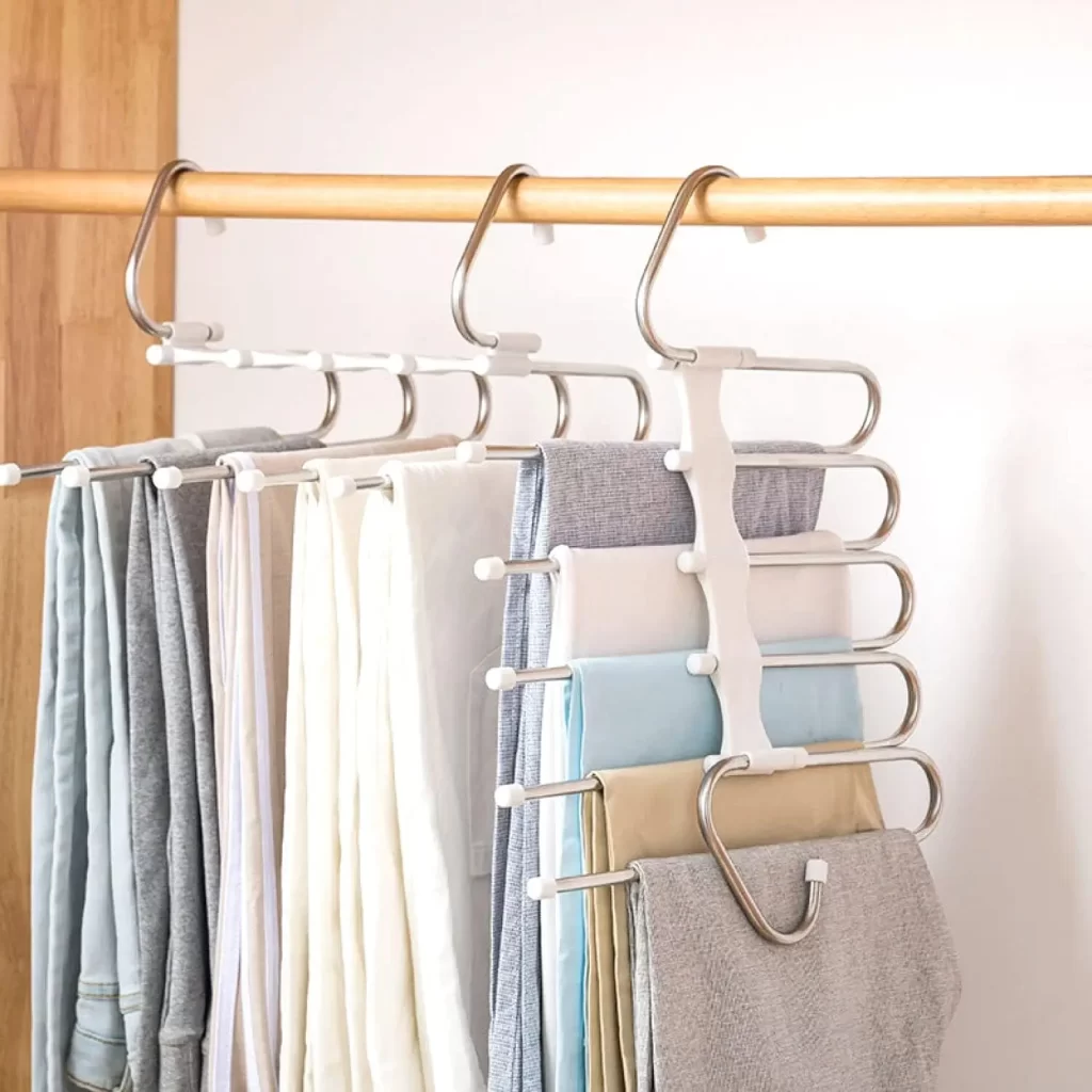 Space saving pants hangers for dorm closet organization