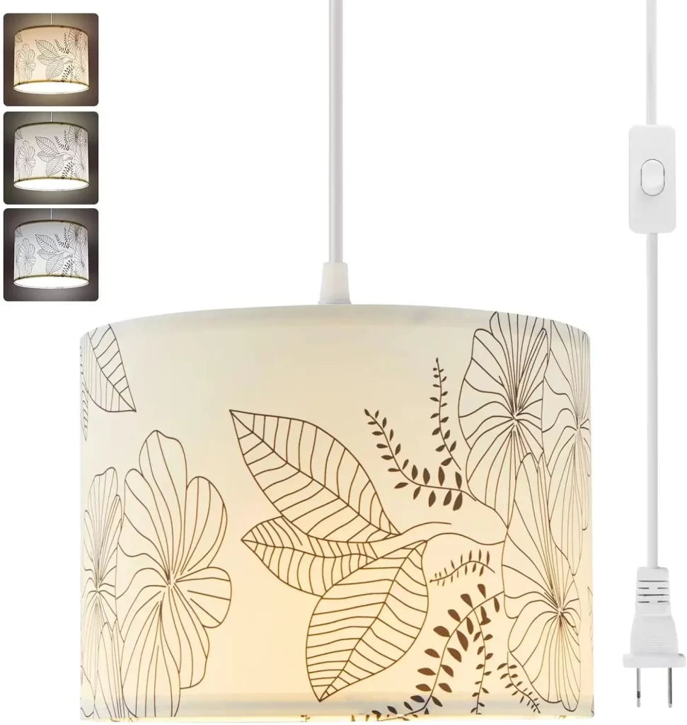 Plug in pendant light with neutral floral design