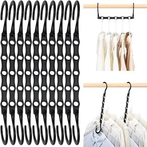 Space saving hanger hooks help maximize closet space in dorm room