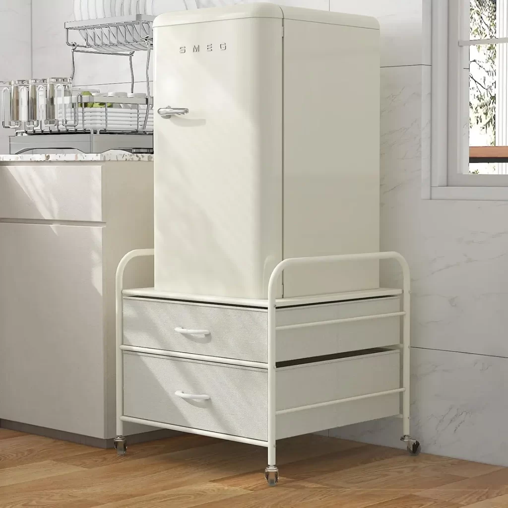 Neutral stand for mini fridge in dorm room adds extra storage to your space