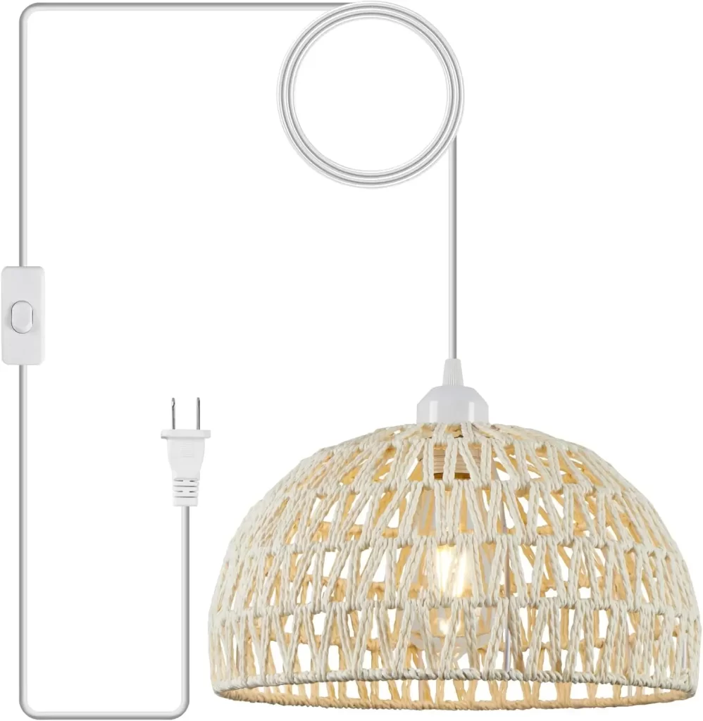 White rattan plug in pendant light for dorm room