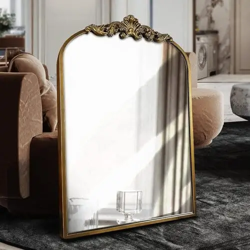 Traditional vintage ornate Baroque mirror ideal for farmhouse decor, offering a timeless, elegant look. This decorative piece adds a sophisticated touch to any living room, blending seamlessly with rustic and classic design elements