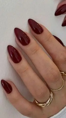 Close-up of burgundy fall nails, featuring a deep, rich hue perfect for a bold and elegant autumn manicure.