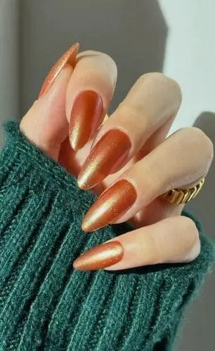 Close-up of copper nails, showcasing a warm, metallic shimmer perfect for a trendy and eye-catching manicure.