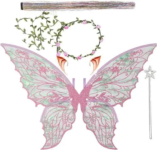 Fairycore wings set featuring delicate, iridescent wings with intricate designs and glittery accents, ideal for completing a whimsical fairy costume or adding a magical touch to your Halloween outfit.