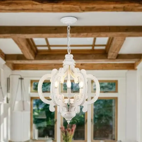 Wooden white chandelier in a farmhouse living room, adding a touch of rustic elegance and brightening the space with its timeless, farmhouse-inspired design.