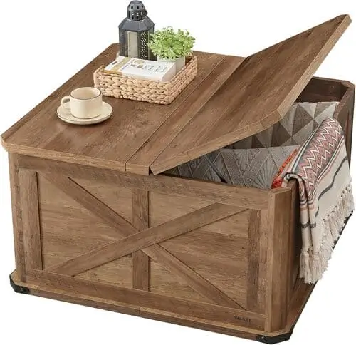 Rustic farmhouse coffee table available on Amazon, featuring a sturdy wooden design with a distressed finish, perfect for adding charm and functionality to a modern farmhouse living room.