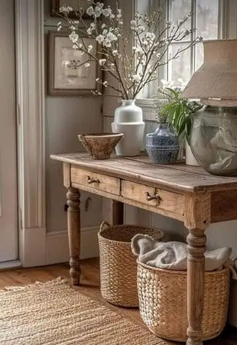 Woven baskets in a white farmhouse living room, adding texture and warmth to the bright, airy space. Perfect for storage and decor, these baskets enhance the rustic charm and natural elements of modern farmhouse design.