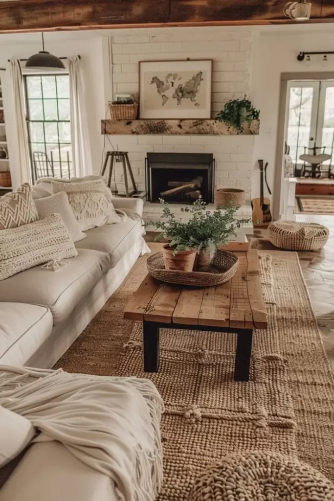 Modern farmhouse living room with natural elements, including wooden beams, woven baskets, and potted plants, enhancing the rustic charm and warmth of the space with organic textures.