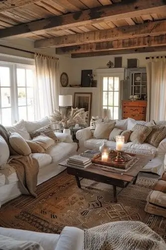 White farmhouse living room with cozy throw pillows in neutral tones, adding warmth and comfort to the seating area, perfectly complementing the rustic and inviting farmhouse decor.