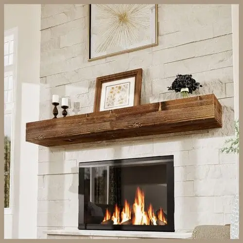 Farmhouse wooden mantle in a living room, showcasing rich wood tones and rustic charm. This centerpiece adds warmth and character, perfectly complementing the neutral paint colors and cozy decor of a modern farmhouse style.