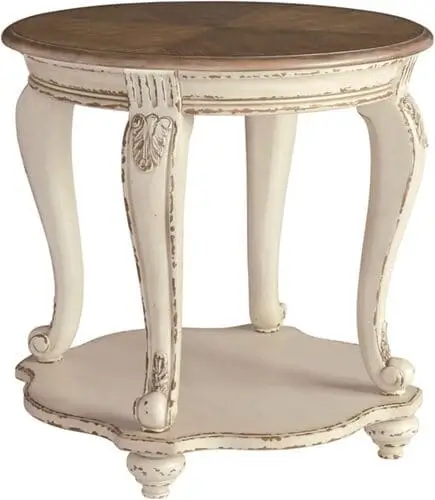 French country end table in a farmhouse living room, showcasing elegant curves and a distressed finish, adding a touch of European charm to the rustic decor