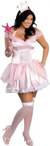 Glinda the Good Witch costume on Amazon, featuring a sparkling pink babydoll dress with a glittery bodice and flowing skirt, complete with a silver crown and wand. Perfect for a magical and enchanting Halloween or themed event.