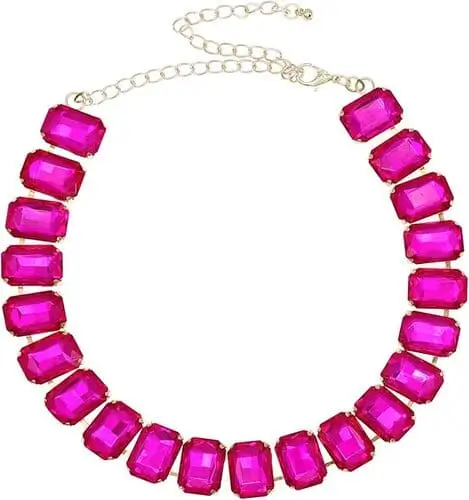 Hot pink crystal necklace featuring bold, sparkling gems and a statement design, perfect for completing an 80s prom Halloween costume with a touch of vintage glamour and flair.