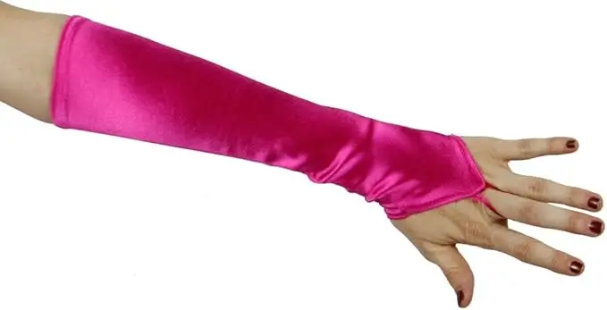 Hot pink satin arm sleeves with a sleek, glossy finish, ideal for adding a touch of elegance and vibrant color to your Halloween costume or stylish ensemble.