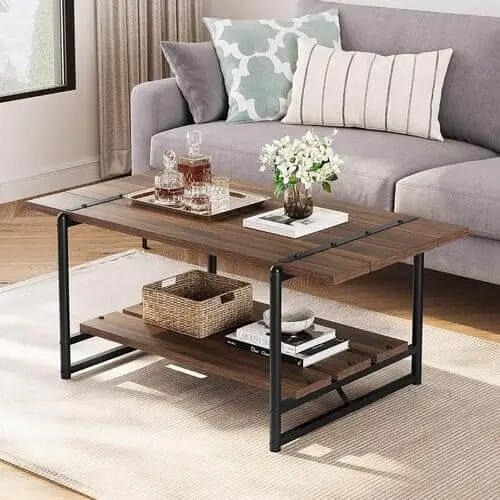 Industrial coffee table for a white farmhouse living room, combining rugged metal and wooden elements to create a stylish focal point. This blend of industrial and rustic design enhances the modern farmhouse aesthetic, adding both functionality and visual interest to your space