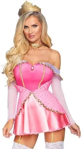 Leg Avenue Princess Aurora costume featuring a stunning pink dress with off-the-shoulder sleeves, a gold tiara, and delicate details, perfect for an enchanting and elegant Sleeping Beauty-inspired look for Halloween or cosplay.