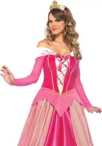 Leg Avenue Princess Aurora costume on Amazon featuring a beautiful pink off-the-shoulder dress with delicate ruffles, a gold tiara, and elegant details, perfect for an enchanting Sleeping Beauty-inspired Halloween or cosplay look.