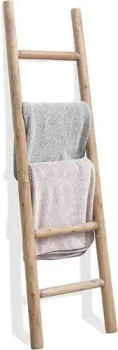 Light wood blanket ladder from Amazon, ideal for organizing and showcasing throws in a white farmhouse living room. Its natural wood finish enhances the rustic charm and farmhouse style of your space.