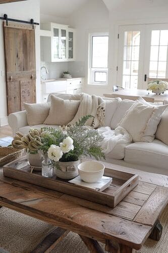 Neutral throw blankets in a farmhouse living room, enhancing the cozy, rustic aesthetic with soft, muted tones that complement the white walls and wooden furniture. Perfect for adding warmth, texture, and a timeless charm to a modern farmhouse style.