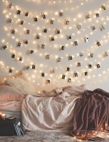 Fairy lights with photo clips make a cute Christmas gift for sister in college so she can display memories 