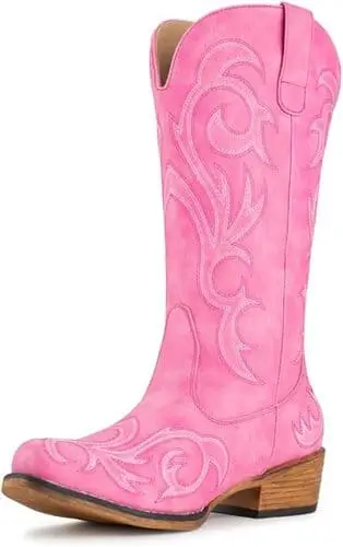 Pink cowgirl boots featuring a sleek design with decorative stitching and a comfortable heel, perfect for completing any pink-themed Halloween costume or Western-inspired outfit.