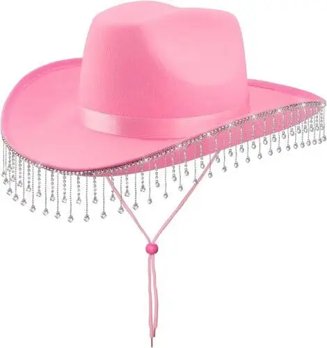 Pink cowgirl hat adorned with dangly jewels and rhinestone accents, perfect for adding a touch of sparkle and flair to a Western-themed Halloween costume or rodeo outfit.