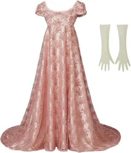 Pink satin Regency-era Bridgerton dress like Daphne’s, perfect for a Halloween costume, featuring an elegant design with flowing fabric, delicate details, and period-accurate embellishments for a sophisticated and classic look. Includes satin gloves.